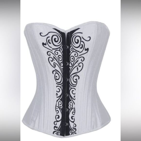 Over Bust White Corset Engagement Attire with Black Filigree Designs - Picture 2 of 8